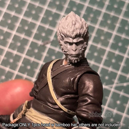 Unpainted 1/18 Wukong Head Sculpt with bamboo hat Model For 3.75'' Action Figure