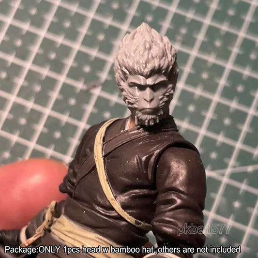 Unpainted 1/18 Wukong Head Sculpt with bamboo hat Model For 3.75'' Action Figure